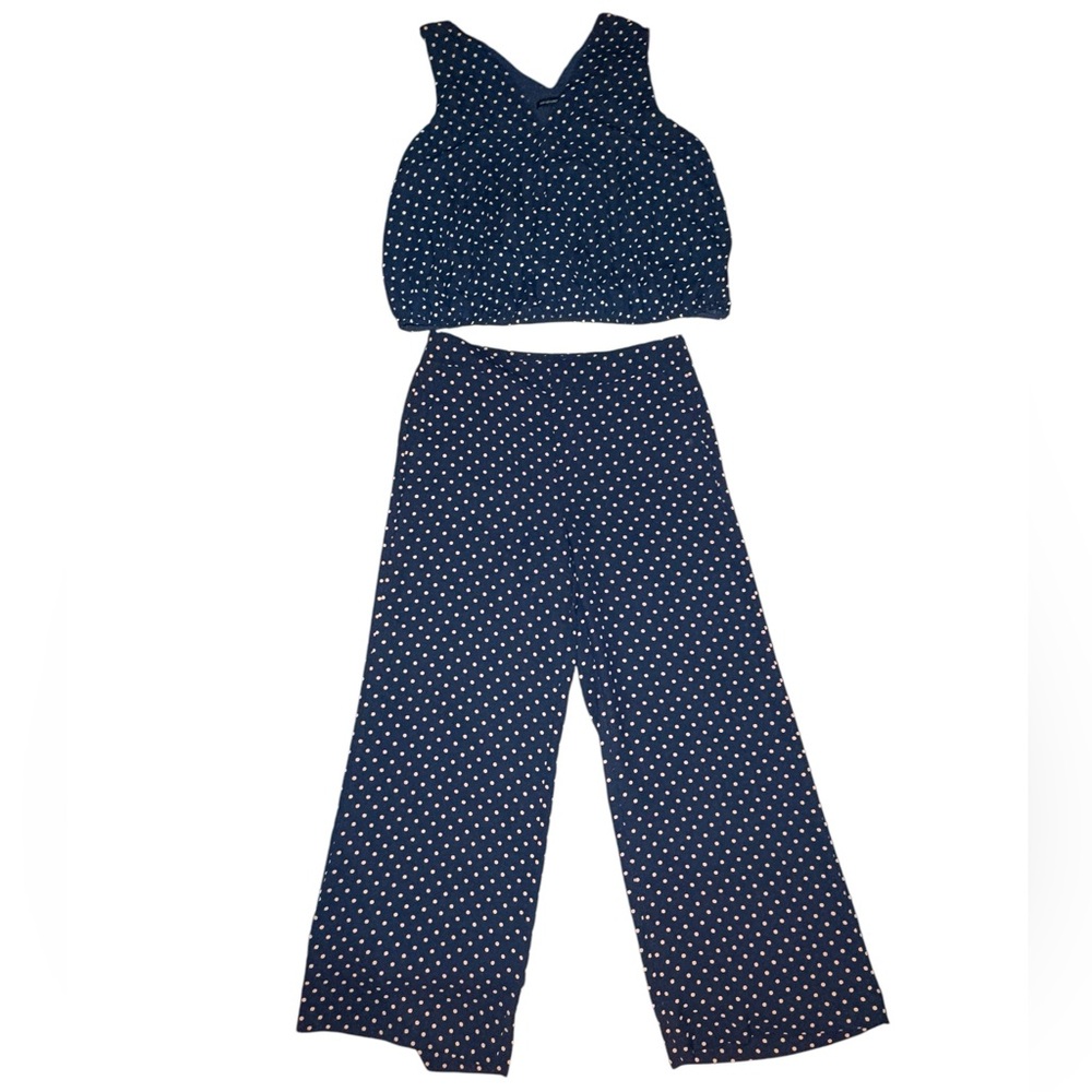 Banana Republic Two Piece Navy Polka Dot Outfit Wide Leg Pants Blouson Blouse XL